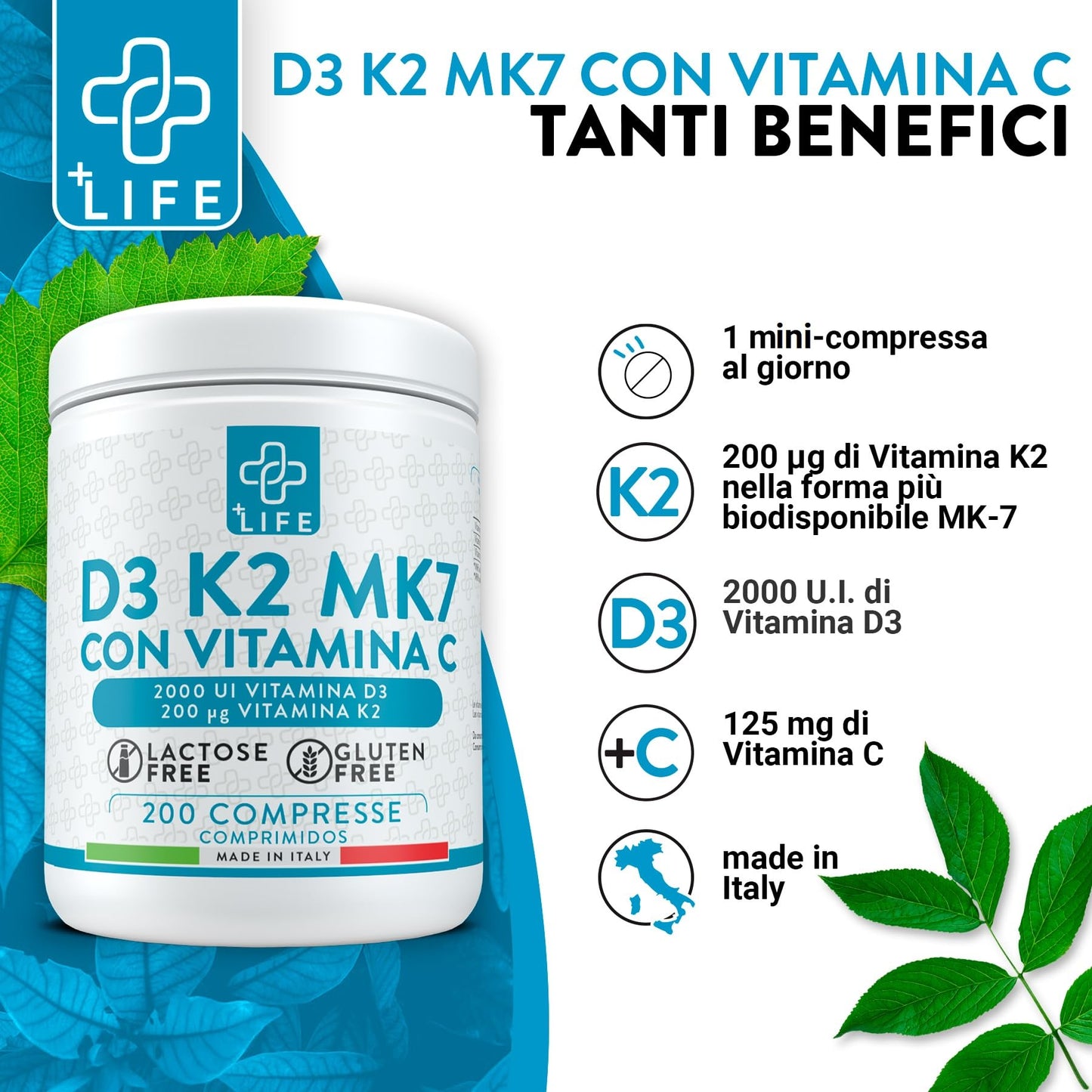 VITAMINA D3 K2 Mk7 Con Vitamina C PiuLife® 200 Compresse Vit D3 2000 UI, Vitamina K2 200µg, Vitamina C 125mg, Benessere Delle Ossa, Difese Immunitarie, Regola Livelli Di Calcio E Fosforo