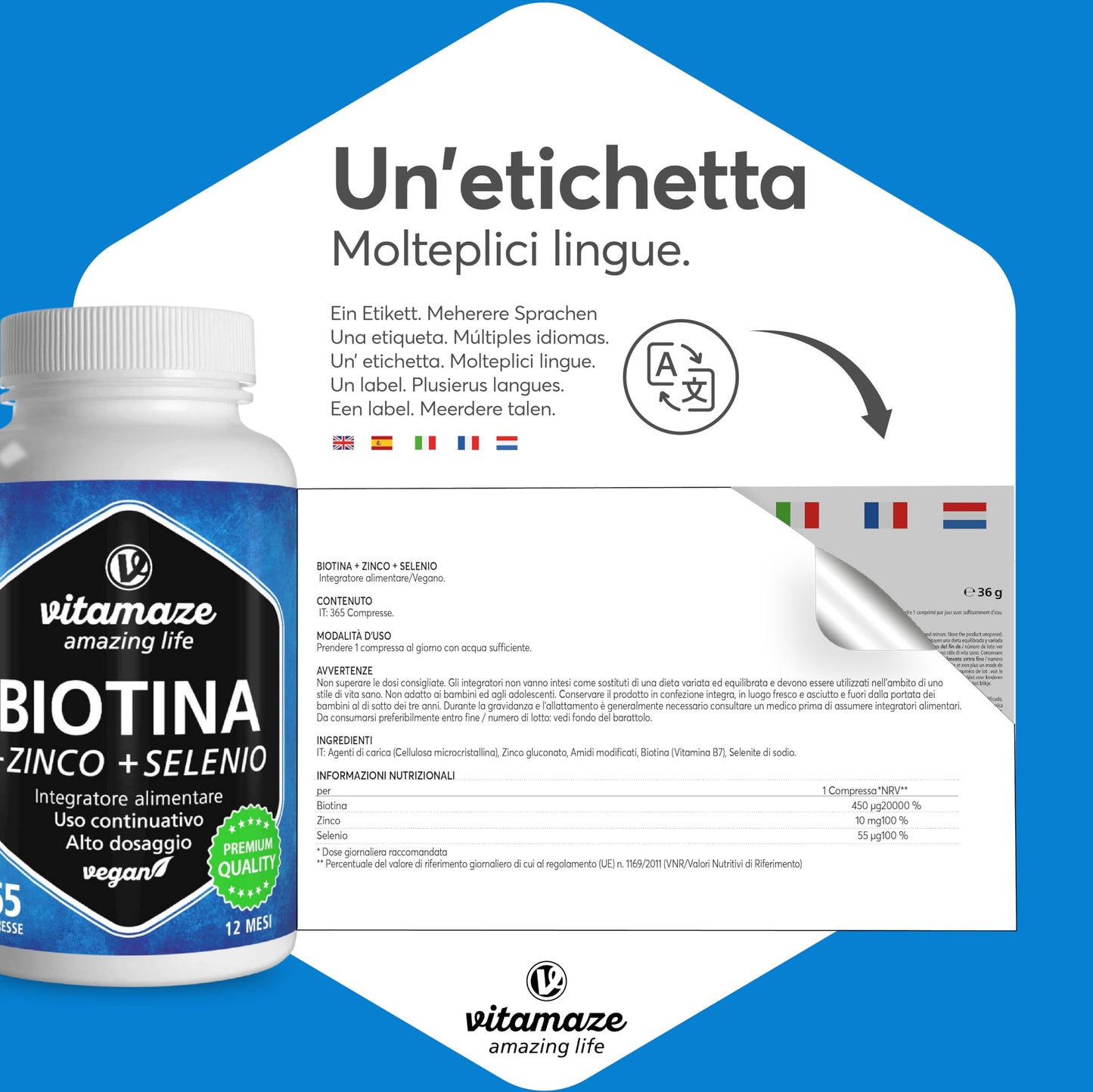 Vitamaze® Biotina Capelli + Selenio + Zinco, 365 Compresse (1 Anno) Crescita di Capelli, Pelle e Unghie Sani, Vitamina B7, Integratori per Capelli, Qualità Tedesca