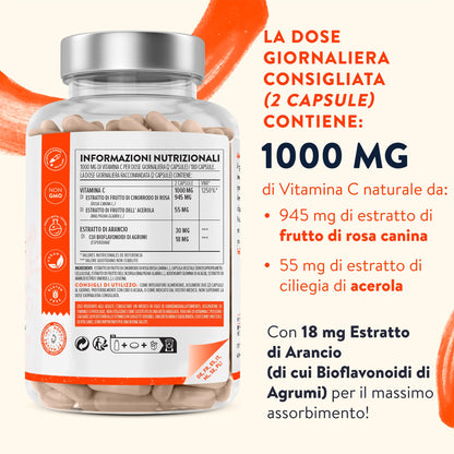 Vitamina C 1000mg Vegan - Integratore Vitamina C Naturale Alto Assorbimento con Bioflavonoidi, Rosa Canina, Acerola - 1000 Vitamina C Pura per dose - Vitamin C Difese Immunitarie 180 Capsule