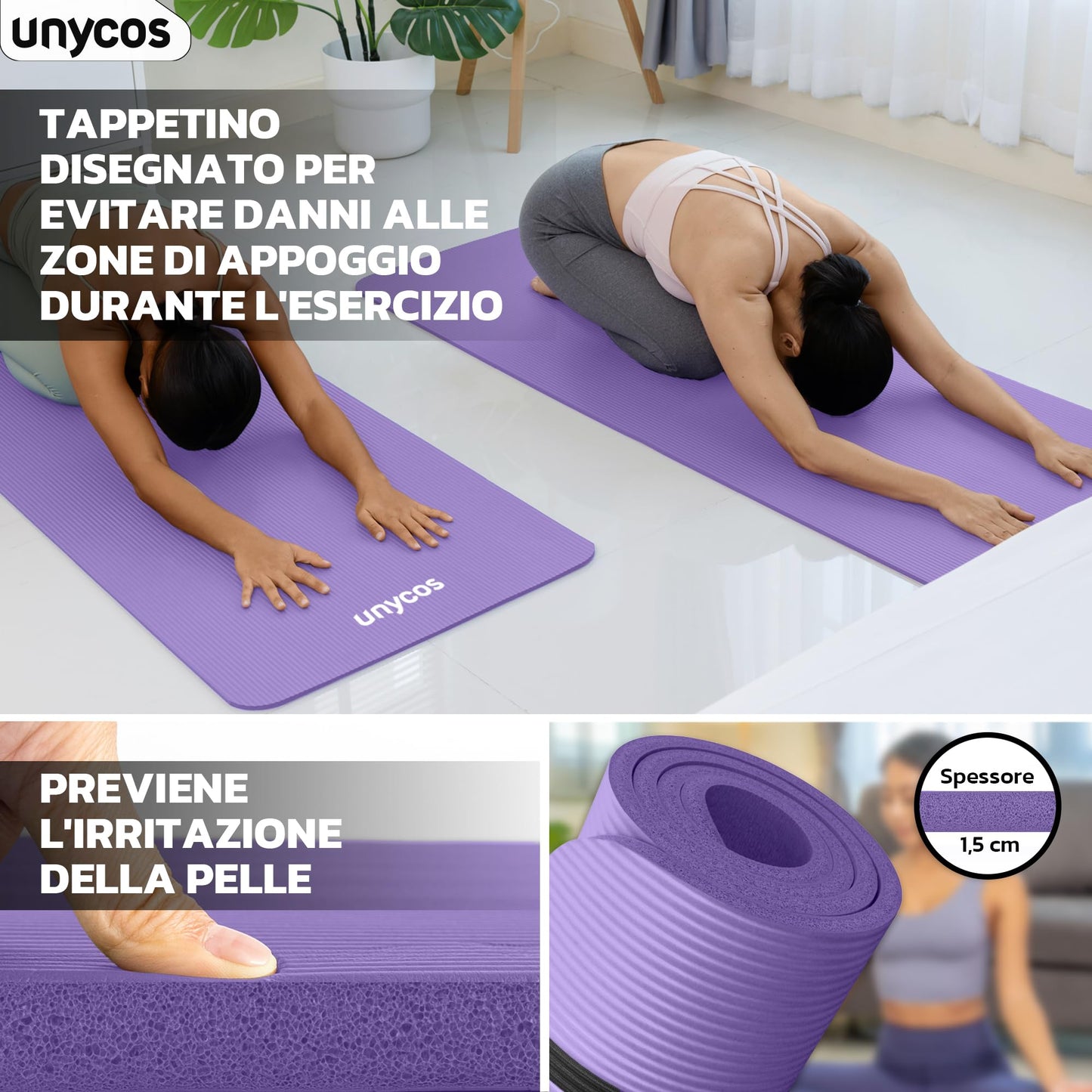 unycos - Tappetino Antiscivolo da Yoga, Pilates e Ginnastica Extra Spesso 10/15 mm, 183x60 cm, Materassino Fitness con Schiuma NBR Confortevole, Tracolla, Borsa ed E-Book di 50 Esercizi