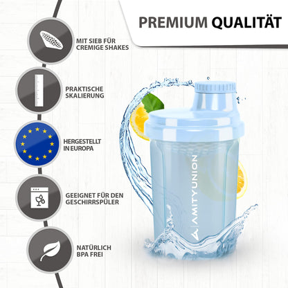 AMITYUNION Shaker per proteine 300 ml Heaven a prova di perdite, senza BPA con setaccio cliccabile e scala per frullati cremosi di siero di latte, shaker per proteine, originale in Fumo nero