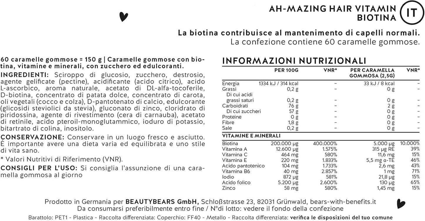 Caramelle Gommose Biotina - 5000 μg di Biotina - Altamente Dosata - Integratore per Capelli - Crescita Capelli - Vitamine per Capelli - Zinco - 60 Gummies - 2 Mesi - Bears with Benefits