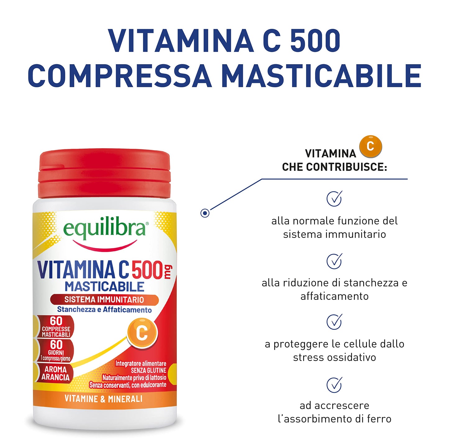 equilibra Integratori Alimentari, Vitamina C 500 mg, Integratore per la Normale Funzione del Sistema Immunitario, Riduce Stanchezza e Affaticamento, Aroma Arancia, 60 Compresse Masticabili