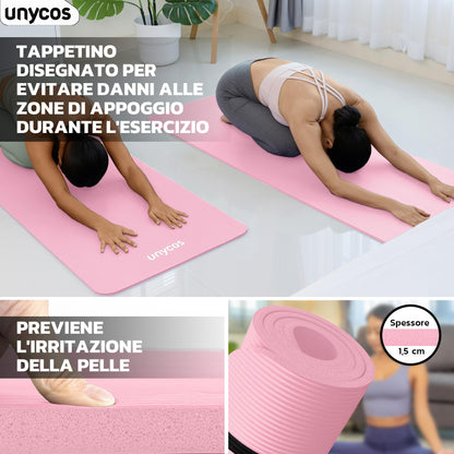 unycos - Tappetino Antiscivolo da Yoga, Pilates e Ginnastica Extra Spesso 10/15 mm, 183x60 cm, Materassino Fitness con Schiuma NBR Confortevole, Tracolla, Borsa ed E-Book di 50 Esercizi