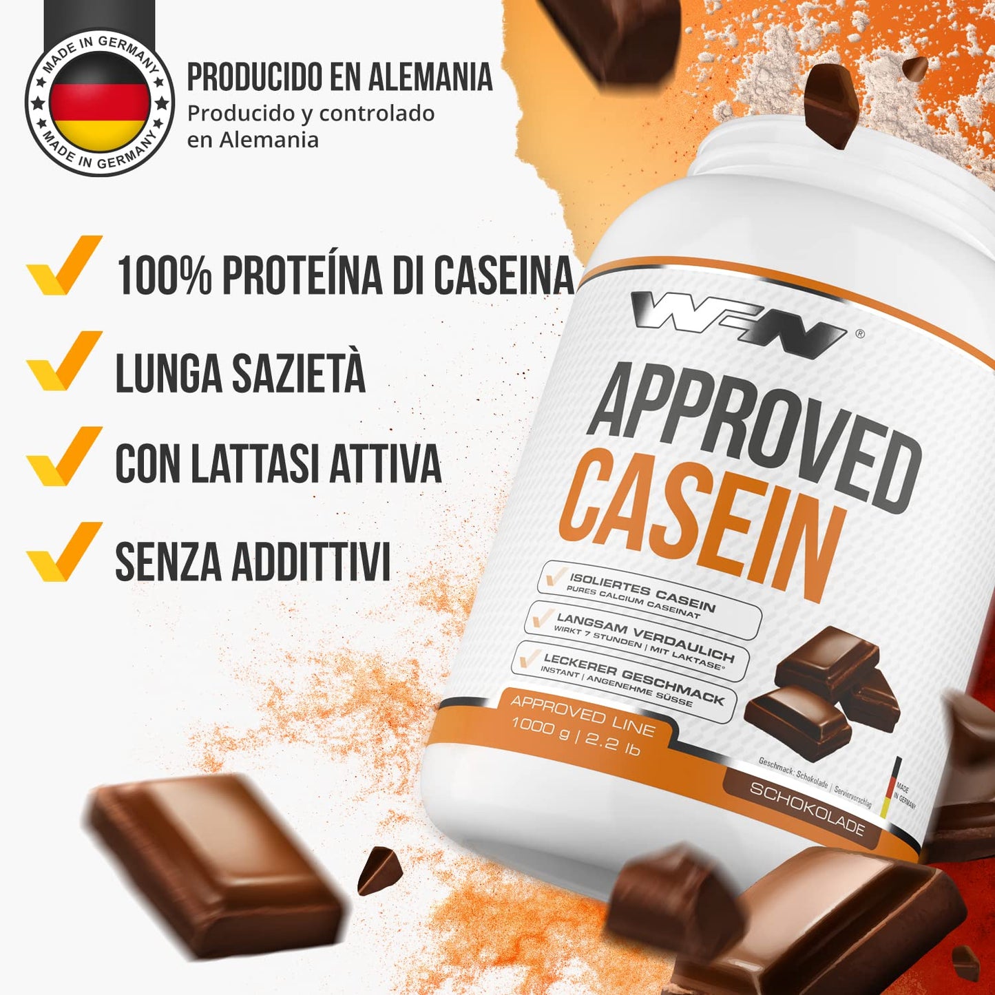 WFN Approved Casein - Neutro - 1 kg - Proteine della caseina con lattasi - Proteina in polvere cremosa - Molto solubile - Prodotto in Germania - Testato in laboratorio esterno