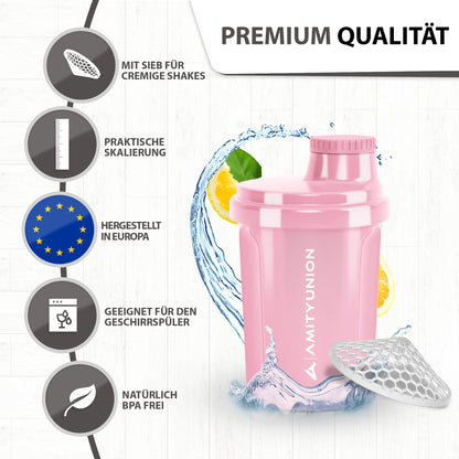 AMITYUNION Shaker per proteine 300 ml Heaven a prova di perdite, senza BPA con setaccio cliccabile e scala per frullati cremosi di siero di latte, shaker per proteine, originale in Fumo nero