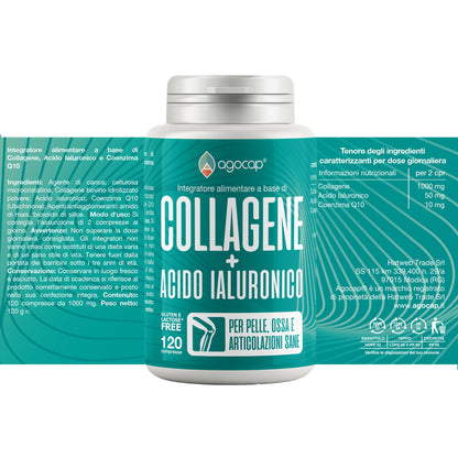 Collagene e Acido Ialuronico. Collagene idrolizzato, 120 compresse arricchite con Coenzima Q10. Collagene integratore, 1000mg con acido ialuronico compresse per pelle, ossa e Articolazioni, Agocap