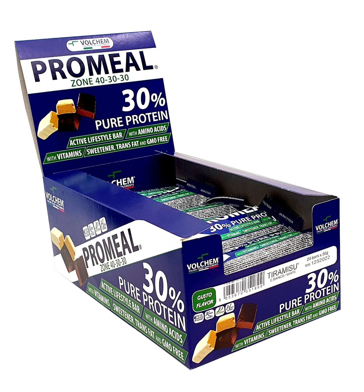 Volchem Promeal Zone 40-30-30, Barretta Proteico-Energetica con Ripartizione di Carboidrati-Proteine-Grassi (40-30-30), Senza Grassi Idrogenati, Scatola da 24 Barrette, Gusto Menta, 1200 g