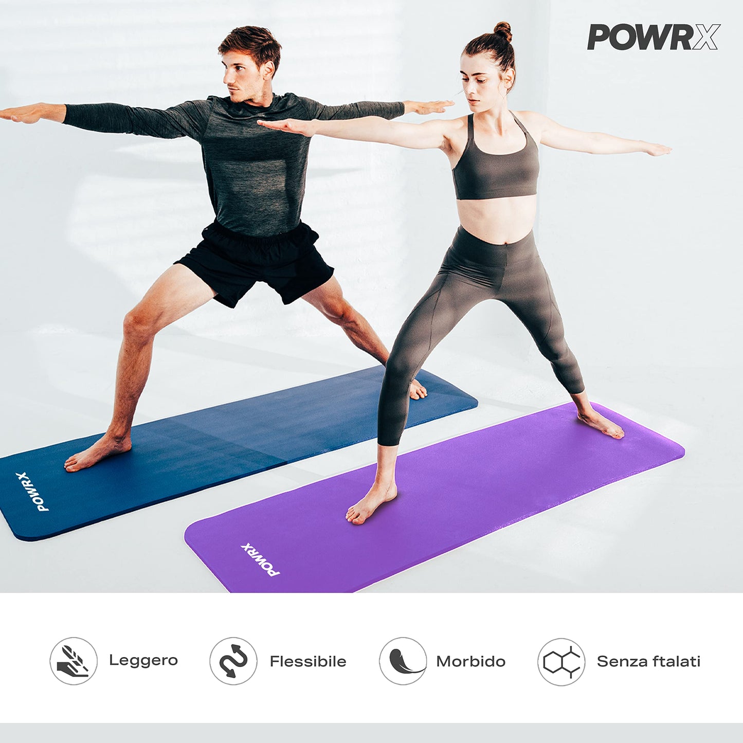 POWRX Tappetino Fitness Antiscivolo 190 x 60, 80, 100 cm - Ideale per Yoga, Pilates e Ginnastica - Extra Morbido e Spessore da 1,5 cm o 1 cm - Ecocompatibile con Tracolla e Sacca Trasporto + Poster