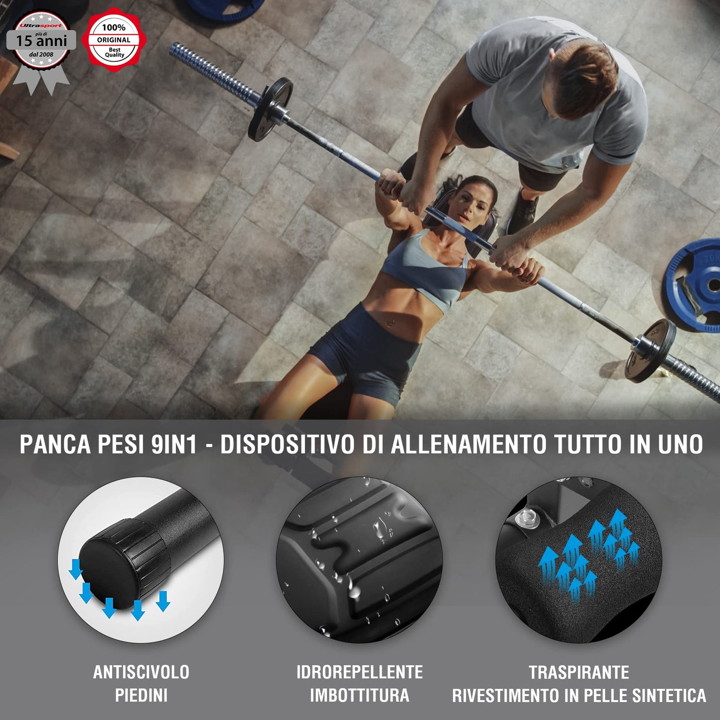 Ultrasport panca pesi, multifunzionale, pieghevole, panca piana, panca per sedersi, regolabile in 18 posizioni, idrorepellente, adatta, allenatrice per addominali, capacità di carico fino a 500 kg