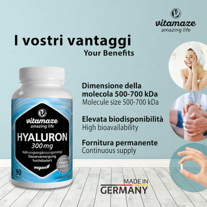 Vitamaze® Acido Ialuronico Puro ad Alto Dosaggio 300 mg per Capsula Vegan, 90 Capsule per 3 Mesi, Elevata Biodisponibilità: Micromolecolare 500-700 kDa, Integratore Alimentare senza Additivi