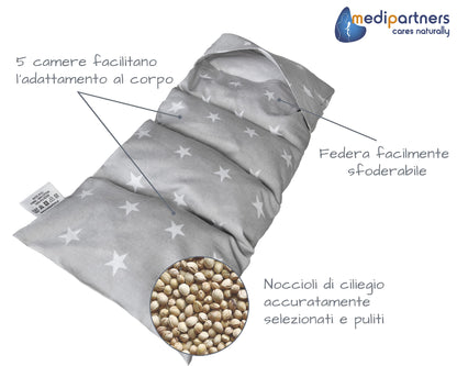 Medi Partners Cuscino Termico noccioli ciliegio 60x20cm 800g 100% Cotone 5 Camere Grande Terapia del freddo Federa sfoderabile (Stelle)