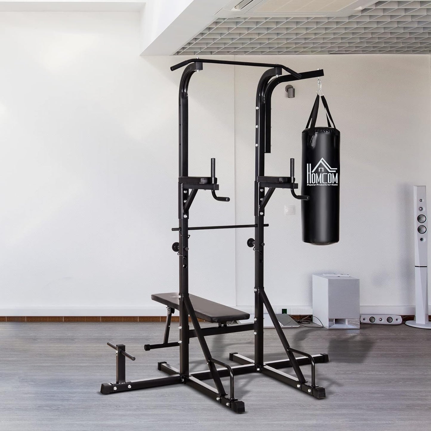 HOMCOM Power Tower con Panca e Sacco da Boxe di 20kg, Stazione Multiuso in Acciaio Nero per Allenamento Total Body