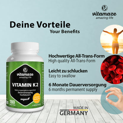 Vitamaze® Vitamina K2 MK-7 Alto Dosaggio Menachinone, 180 Compresse Vegan, Qualità Tedesca, Naturale Integratore Alimentare senza Additivi non Necessari