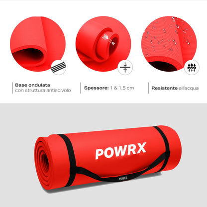 POWRX Tappetino Fitness Antiscivolo 190 x 60, 80, 100 cm - Ideale per Yoga, Pilates e Ginnastica - Extra Morbido e Spessore da 1,5 cm o 1 cm - Ecocompatibile con Tracolla e Sacca Trasporto + Poster