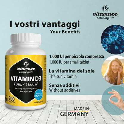 Vitamaze® Vitamina D3 240 compresse Alto dosaggio e vegetariana per più di 1 anno, 2000 UI, 50 mcg di colecalciferolo puro, integratore alimentare naturale senza additivi, Prodotto in Germania