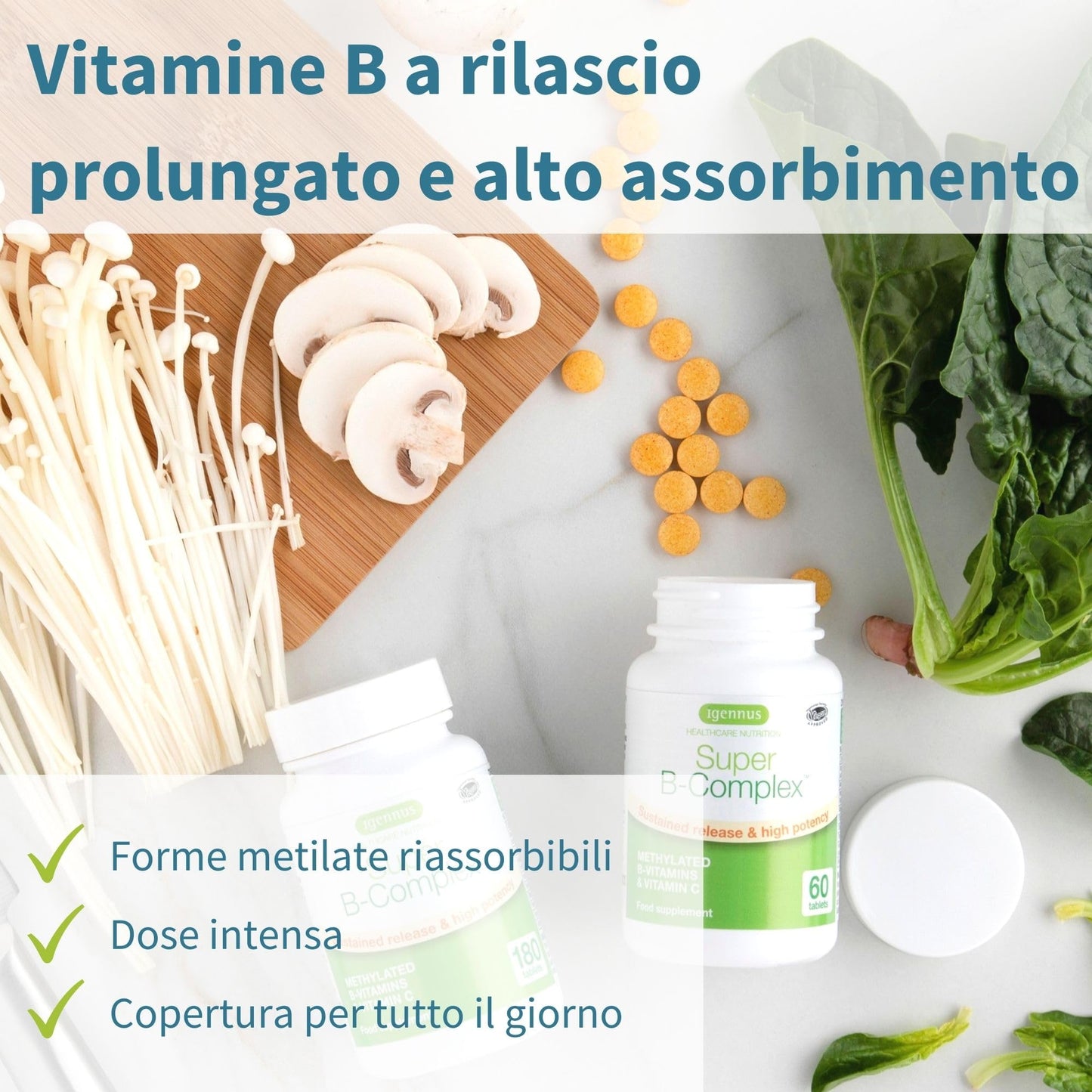 Super B - Vitamina B Complex ad Alto Assorbimento e Rilascio Prolungato,B1,B2,B3,B5 B6,B12, Biotina, Folato e Vitamina C - 60 Compresse Vegane – Igennus