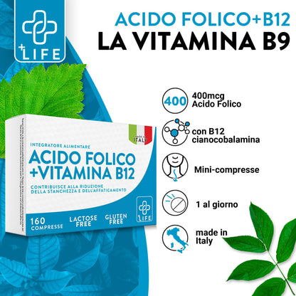 Acido Folico 400 mg Con B12 160 Compresse PiuLife® 1 Al Giorno, Folina Integratore Acido Folico E Vitamina B12, Energia Contro Stanchezza E Affaticamento, Mamma