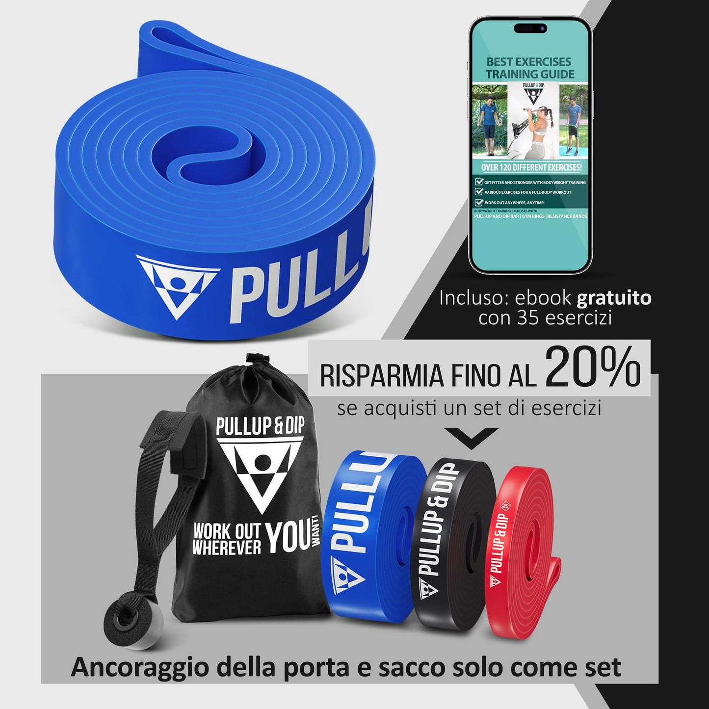 PULLUP & DIP Elastico Fitness per Trazioni, Bande Elastici Fitness con Borsa, Gancio Porta (per Set) e Guida Esercizi, Bande Elastiche di Resistenza, Resistance Bands per Calisthenics, Freeletics