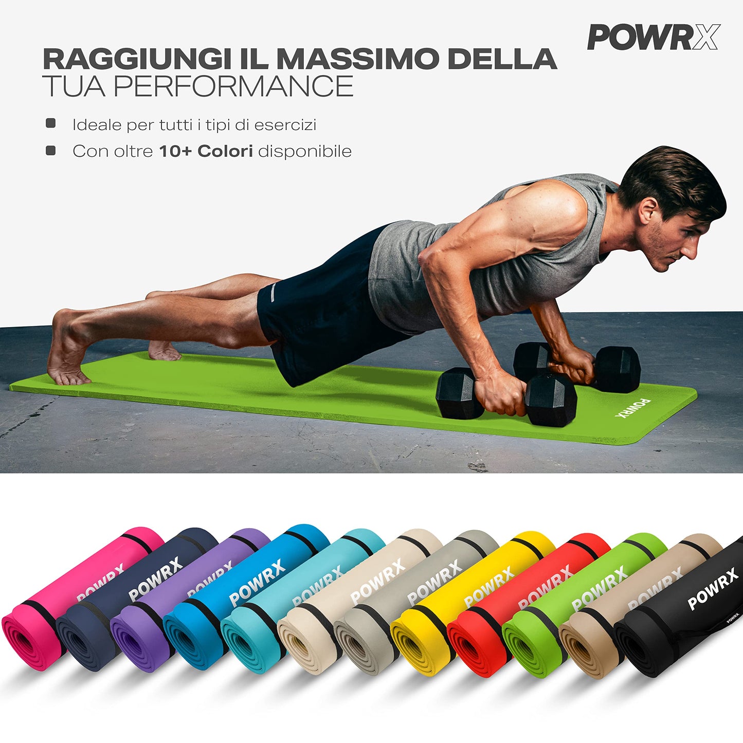 POWRX Tappetino Fitness Antiscivolo 190 x 60, 80, 100 cm - Ideale per Yoga, Pilates e Ginnastica - Extra Morbido e Spessore da 1,5 cm o 1 cm - Ecocompatibile con Tracolla e Sacca Trasporto + Poster