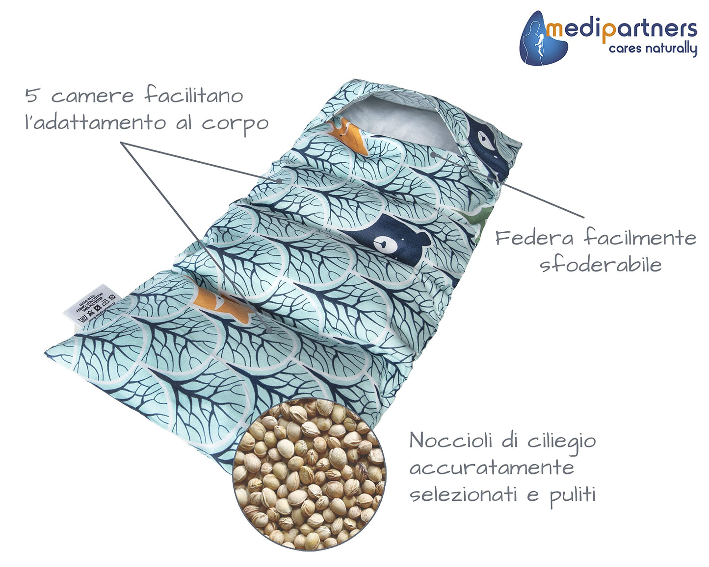 Medi Partners Cuscino Termico noccioli ciliegio 60x20cm 800g 100% Cotone 5 Camere Grande Terapia del freddo Federa sfoderabile (Stelle)