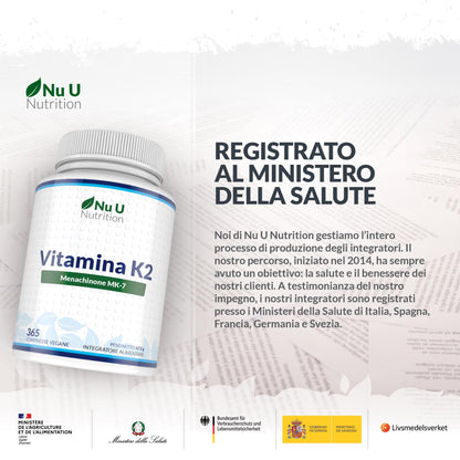 Vitamina K2 MK7 200mcg - 365 Compresse Vegane - 1 Anno di Scorta - Vit K2 Menachinone MK-7 - Nu U Nutrition