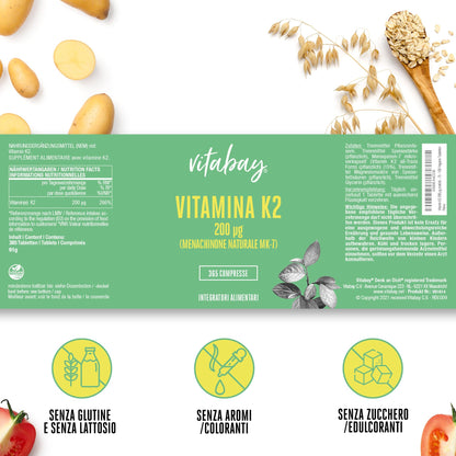 Vitabay Vitamina K2 365 compresse di Vitamina K2 200 mcg vegana con Menachinone MK7 naturale All-Trans ad alto dosaggio - Assumere 1 compressa di Vitamina K2 MK7 al giorno con acqua - Vit K2 K2 MK7