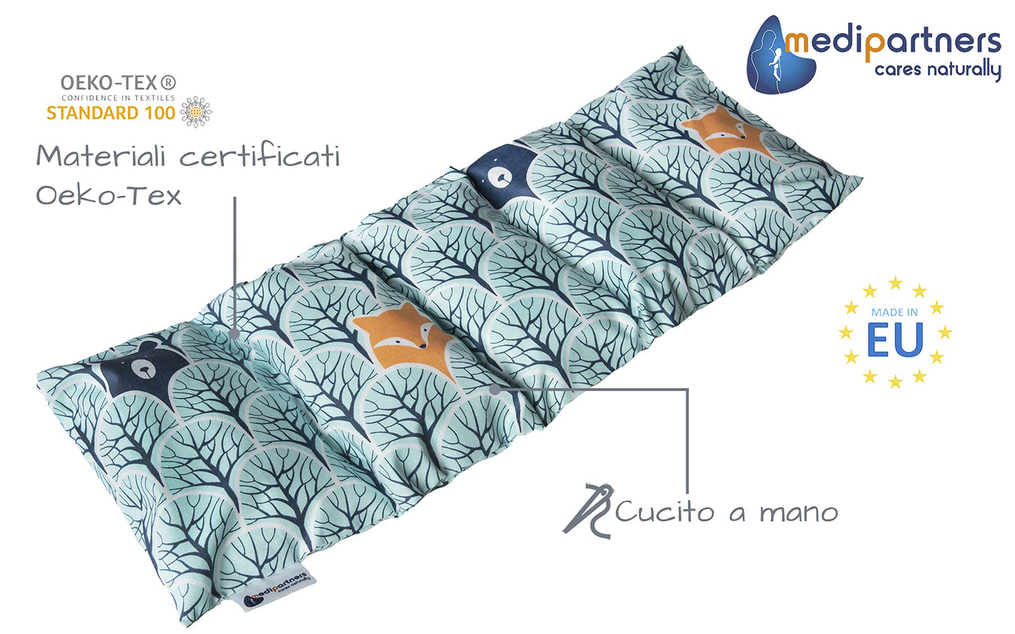 Medi Partners Cuscino Termico noccioli ciliegio 60x20cm 800g 100% Cotone 5 Camere Grande Terapia del freddo Federa sfoderabile (Stelle)