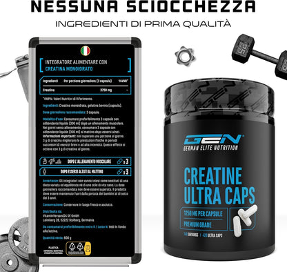 Creatine Ultra Caps - 420 capsule con 1250 mg ciascuna di creatina monoidrato pura - Premium: Ultrafine + Mesh Factor di 200 - Dose elevata