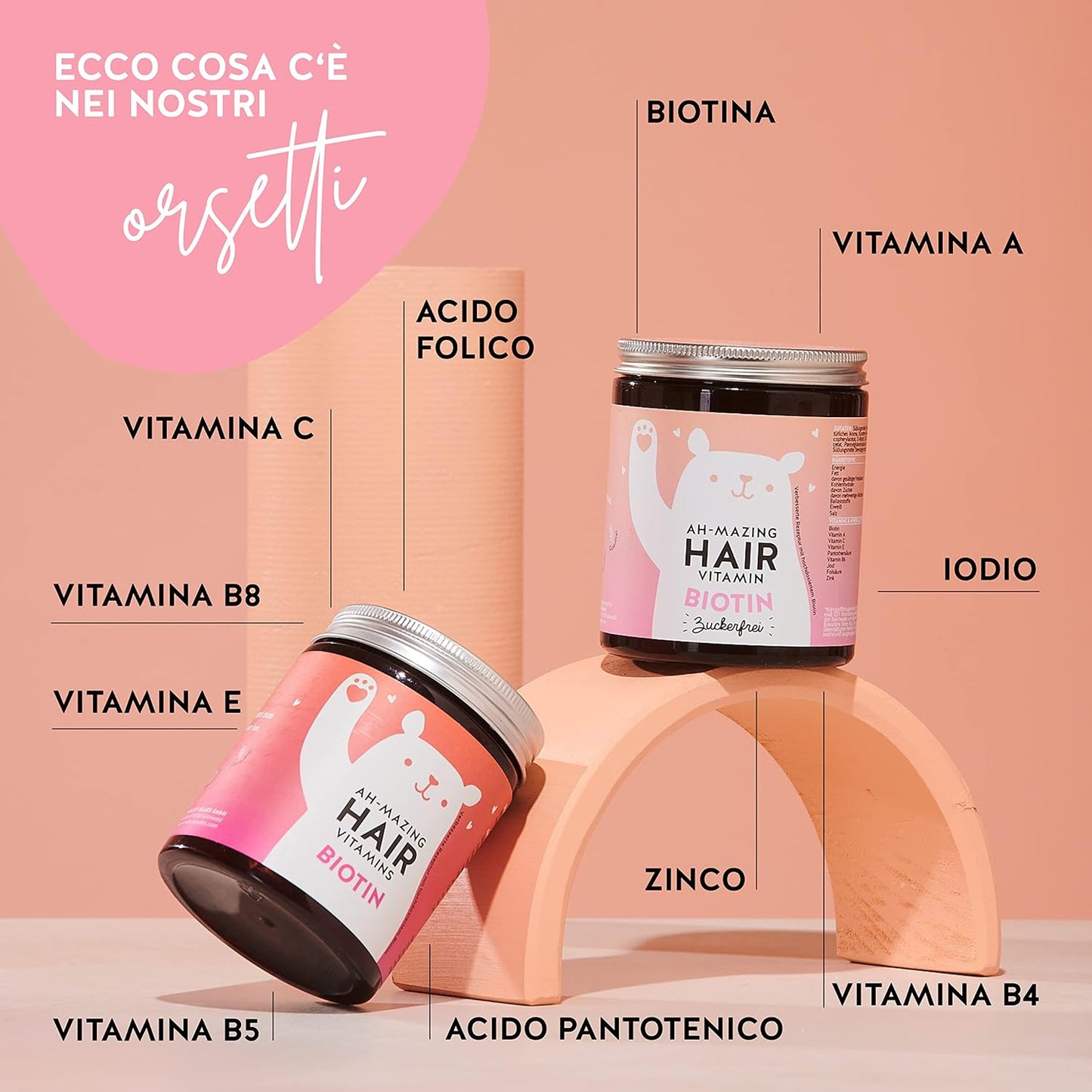 Caramelle Gommose Biotina - 5000 μg di Biotina - Altamente Dosata - Integratore per Capelli - Crescita Capelli - Vitamine per Capelli - Zinco - 60 Gummies - 2 Mesi - Bears with Benefits