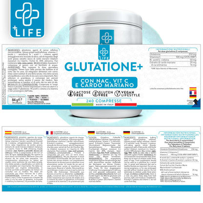 GLUTATIONE Forte 240 Compresse PiuLife® Con Vitamina C, NAC n-acetil-cisteina E Cardo Mariano Fegato, Integratore Glutatione 250 mg, Glutatione Ridotto Antiossidante, Sistema Immunitario, Detox