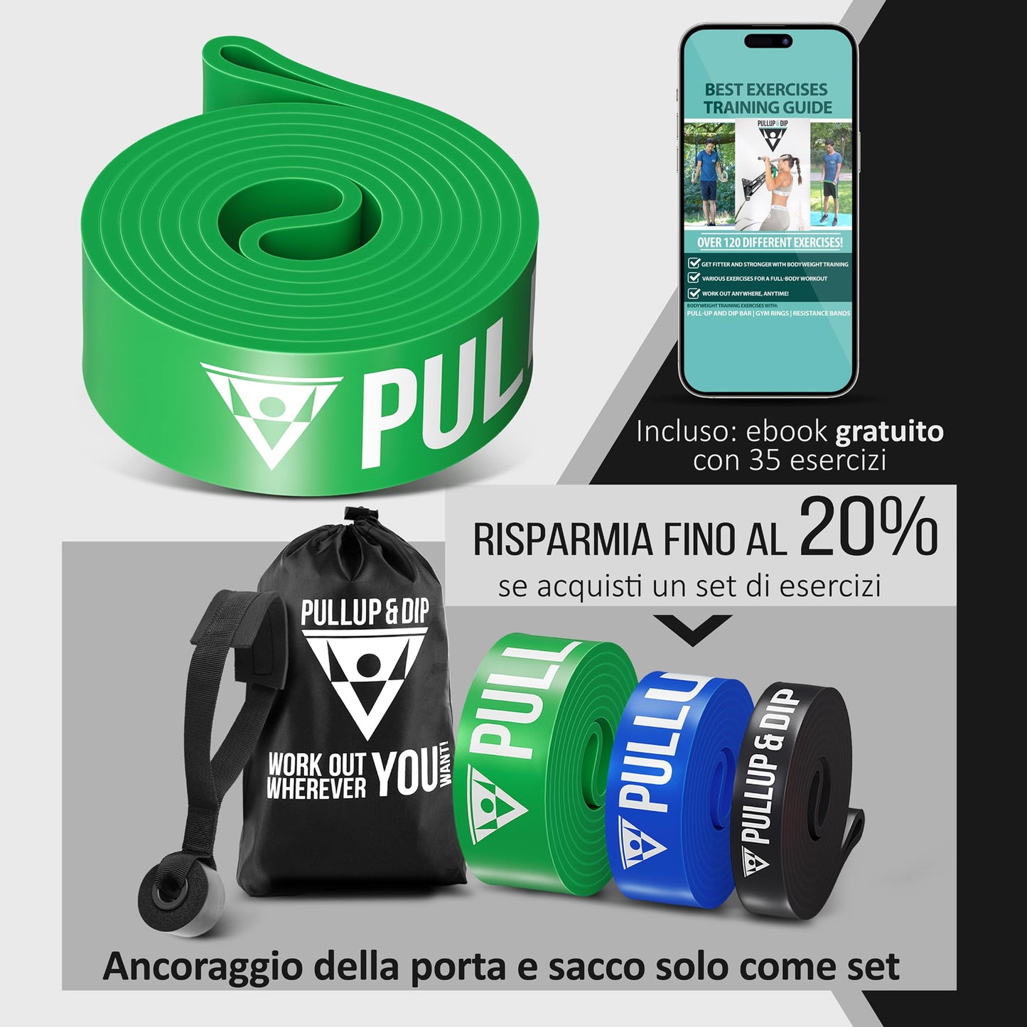 PULLUP & DIP Elastico Fitness per Trazioni, Bande Elastici Fitness con Borsa, Gancio Porta (per Set) e Guida Esercizi, Bande Elastiche di Resistenza, Resistance Bands per Calisthenics, Freeletics