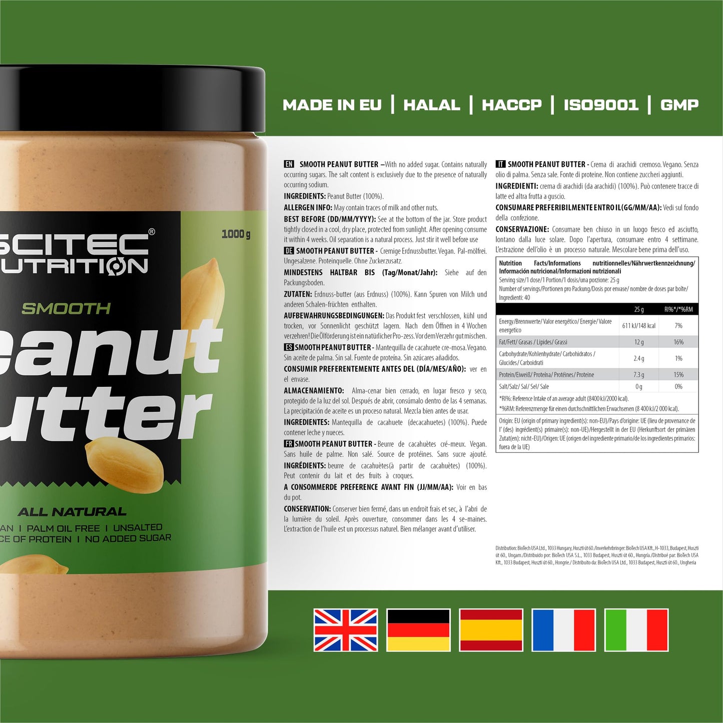 Scitec Nutrition Peanut Butter - Senza olio di palma - Vegano - A basso contenuto di sale - Fonte di proteine - A basso contenuto di zuccheri - Potenziamento energetico naturale, 1 kg, Crunchy