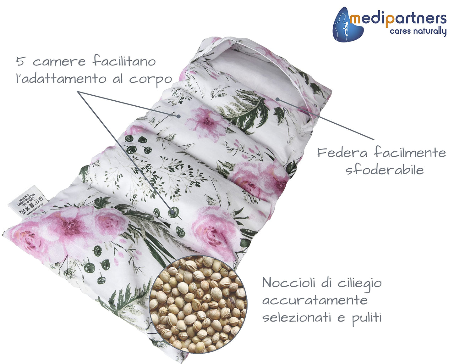 Medi Partners Cuscino Termico noccioli ciliegio 60x20cm 800g 100% Cotone 5 Camere Grande Terapia del freddo Federa sfoderabile (Stelle)