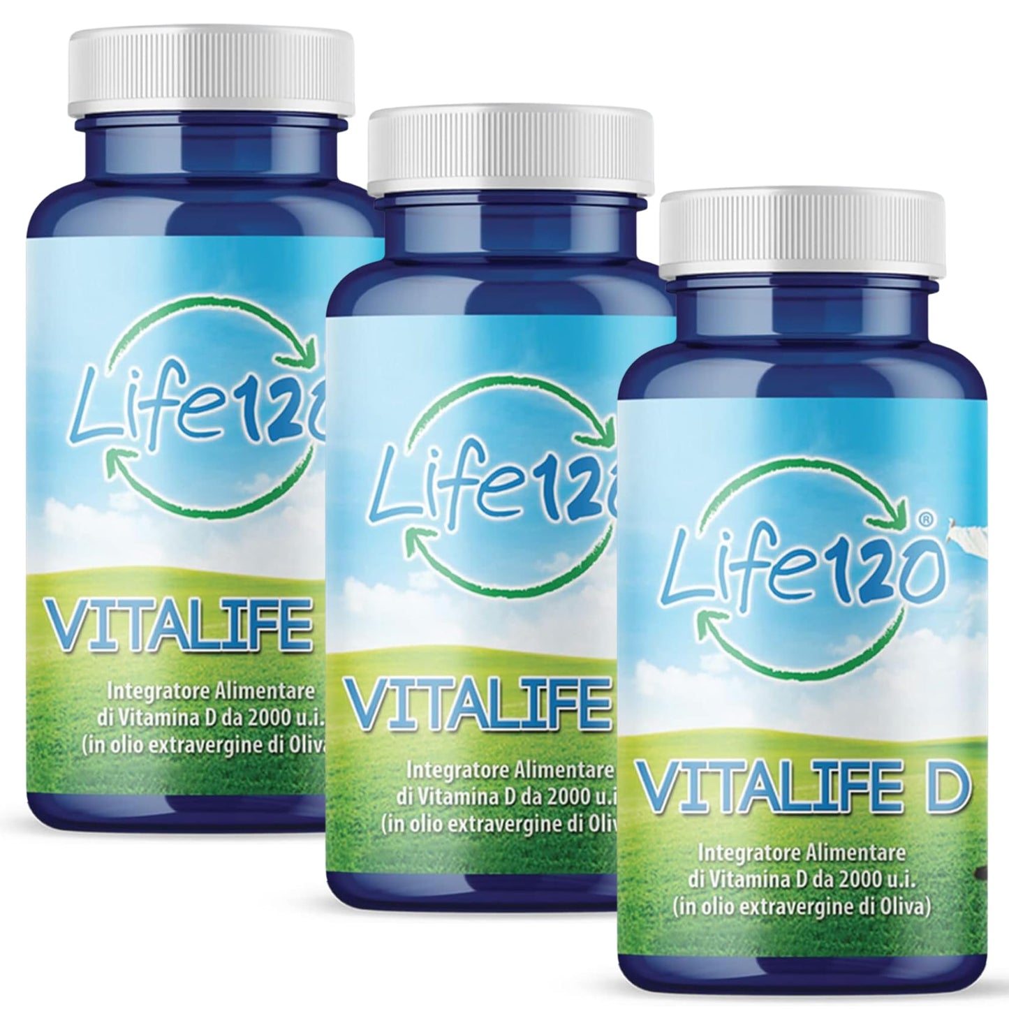 Life 120 - Vitalife D - Integratore alimentare di Vitamina D 2000 UI per softgel, 100 Softgel ad Alto Dosaggio, fondamentale per Ossa, Denti, Muscoli e Sistema Immunitario, 3 Confezioni da 100 Softgel