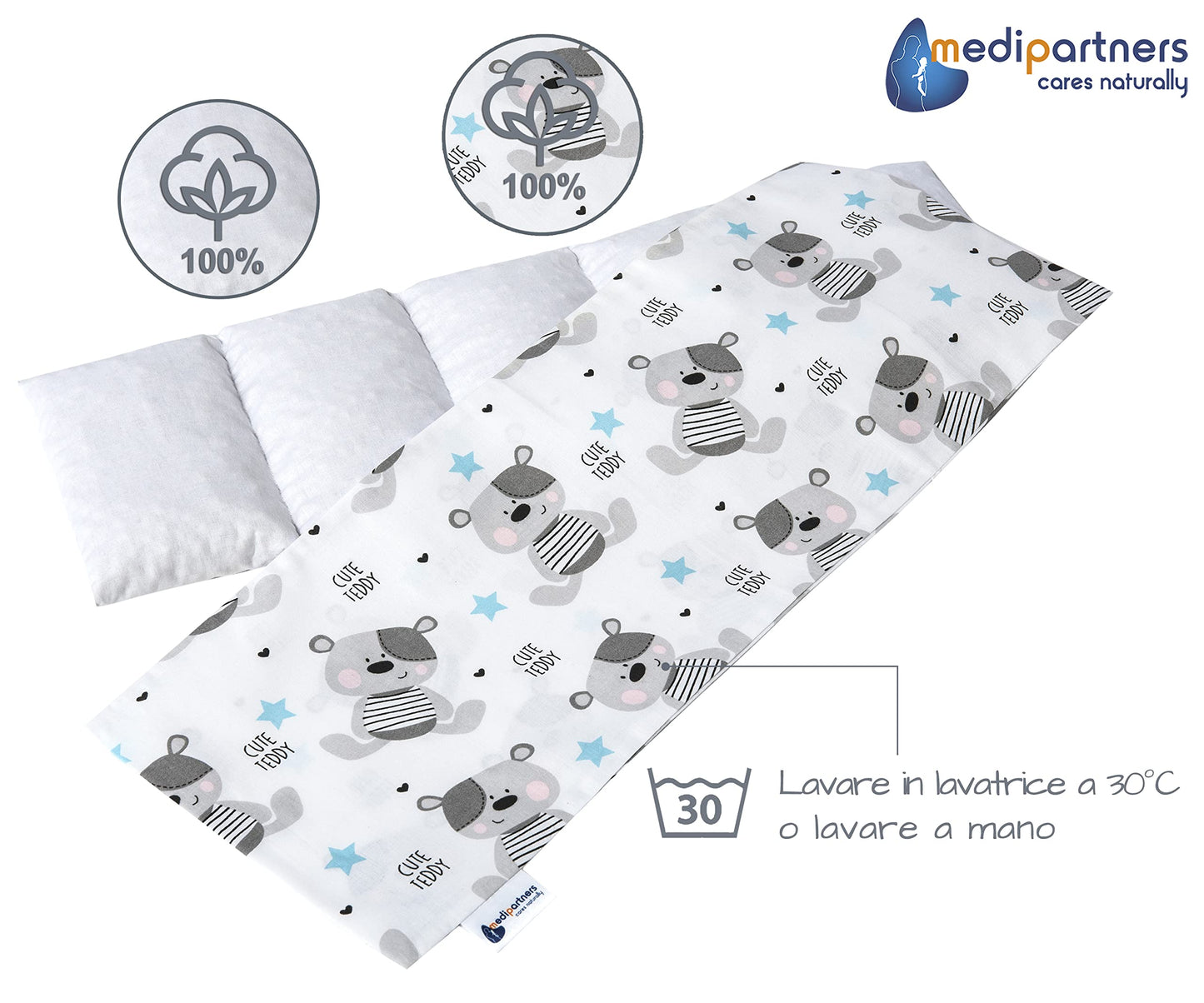 Medi Partners Cuscino Termico noccioli ciliegio 60x20cm 800g 100% Cotone 5 Camere Grande Terapia del freddo Federa sfoderabile (Stelle)