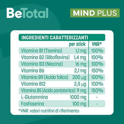 Be-Total Mind Plus, Integratore Alimentare con Vitamina B, Fosfoserina, L-Glutammina, Supporto per Stanchezza Mentale, Memoria e Concentrazione, Adulti e Bambini 6+, 20 Bustine