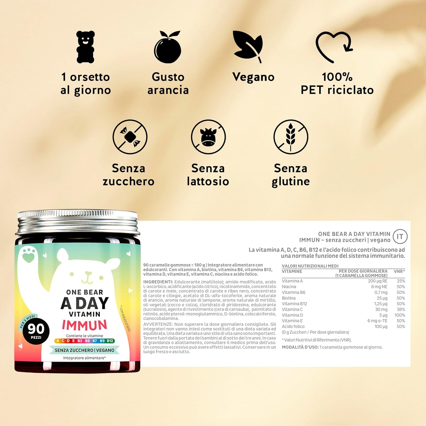 Caramelle Gommose Multivitaminico - Vegano e Senza Zucchero - 90 Gummies - Vitamine contro la Stanchezza, con Vitamina A, C, D, B6, B9 e B12 - Boost Difese Immunitarie - 3 Mesi - Bears with Benefits