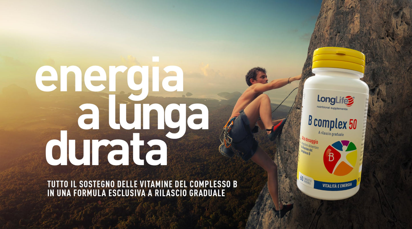 LongLife® B complex 50 | 11 vitamine del gruppo B | Formula completa alto dosaggio | Energia e difese immunitarie | Combatte stanchezza e stress | Senza glutine e vegano