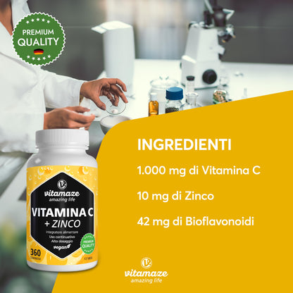 Vitamina C 1000mg (1 Anno) + Zinco + Bioflavonoidi, 360 Compresse, 1 Compresse per Giorno, Vegan Vitamina C Pura Dose Forte, Qualità Tedesca, Integratore Alimentare senza Additivi. Vitamaze®