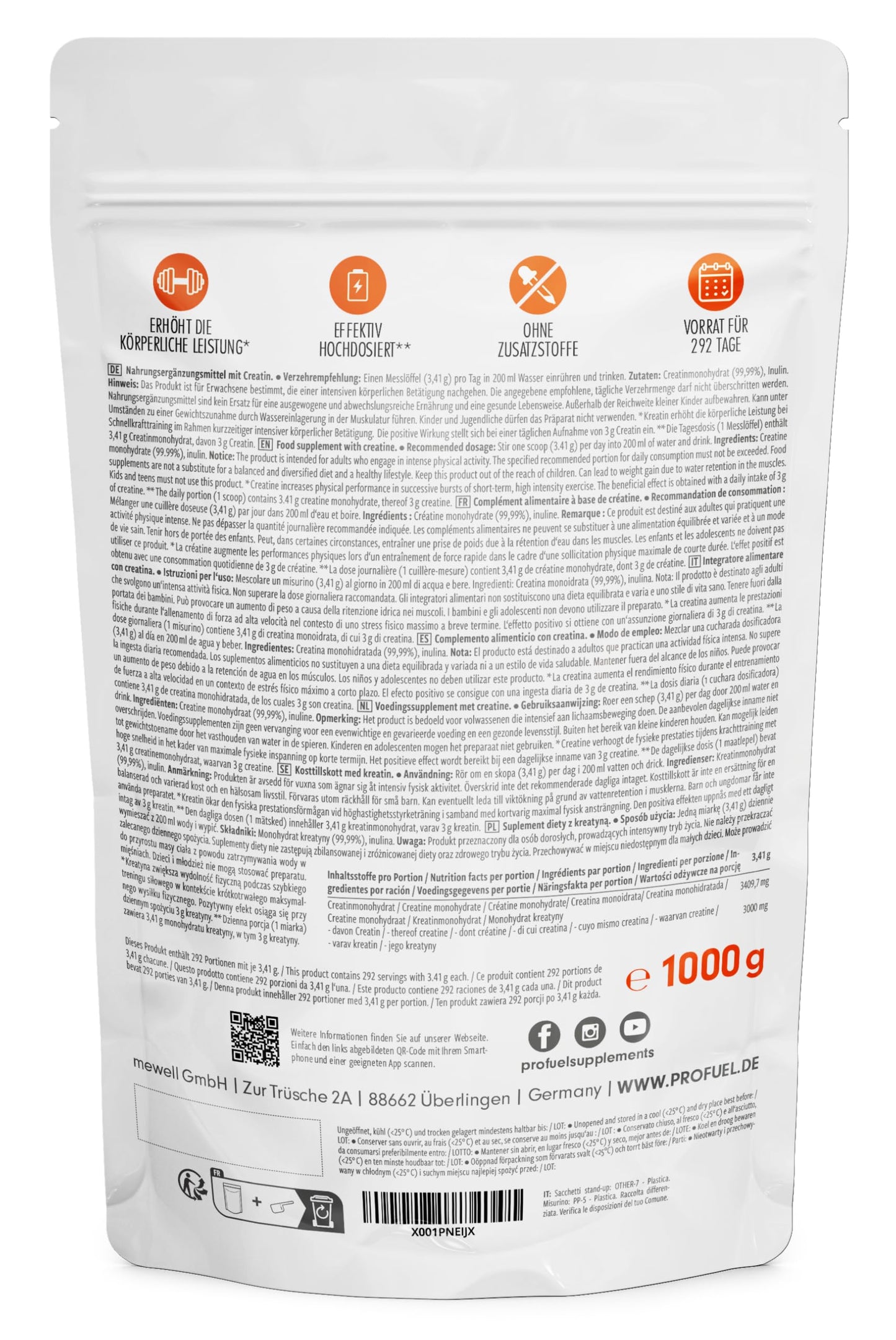 Creatina monoidrata polvere 1kg / 1000g micronizzata ad alto dosaggio, pura senza additivi, 100% vegana