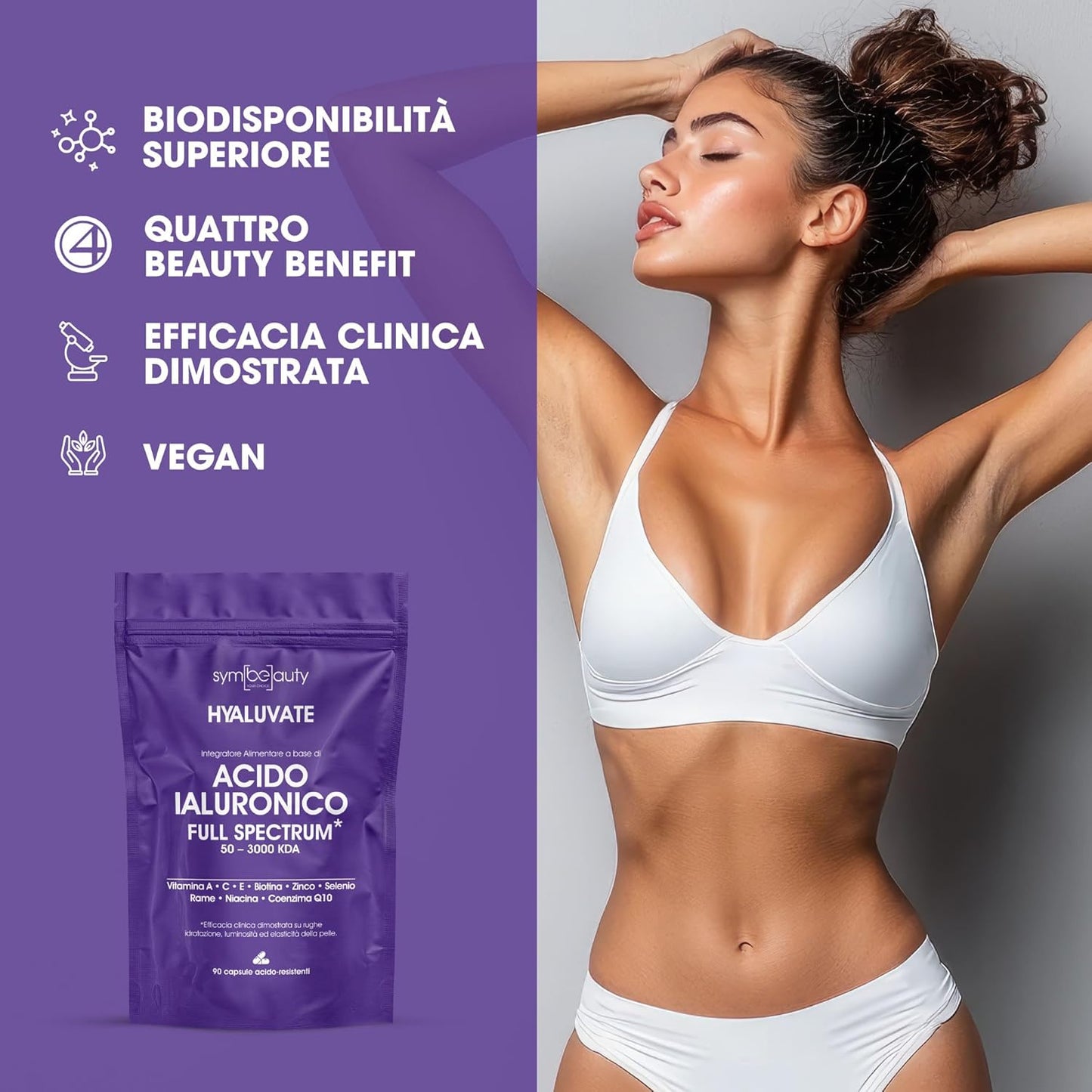 HYALUVATE Integratore Capelli Donna con ACIDO IALURONICO PURO + BIOTINA [3 MESI] - Vitamine per Capelli, Pelle e Unghie | Zinco e Vitamina C, Vegan, 90 Capsule Acidoresistenti - STUDI CLINICI