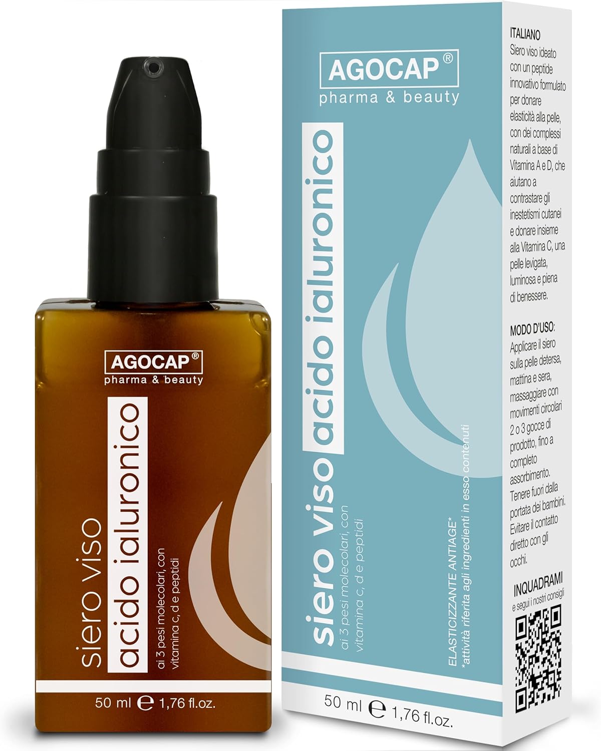 Siero ACIDO IALURONICO Viso con Vitamina C, Retinolo e Vitamina D. Antirughe 50 ml, ottimo per la tua skincare routine. Idratante per uomo e donna. contorno occhi, Agocap