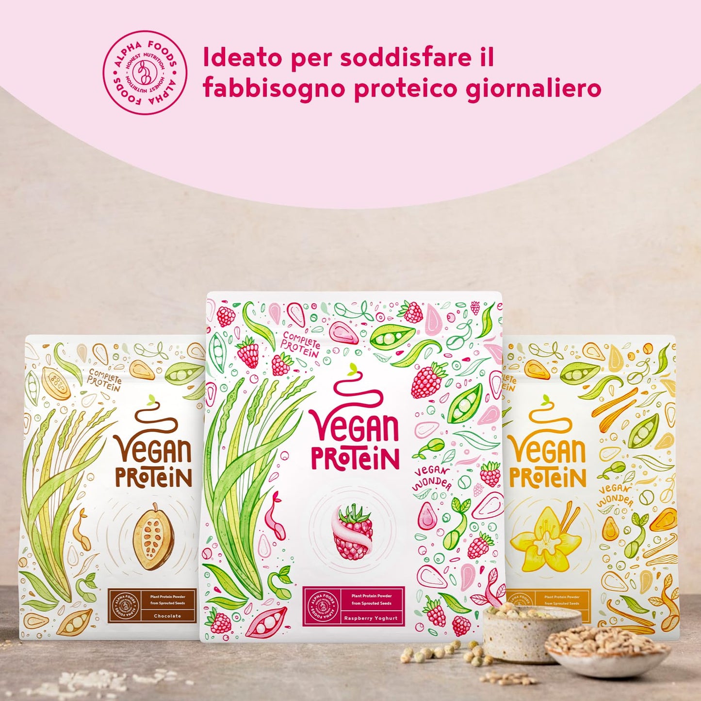 Proteine in Polvere Vegane | Gusto Cioccolato | 21g Proteine | Proteine Vegetali Isolate in Polvere di Pisello, Riso, Girasole e Soia | Massa Muscolare | 1.2kg Vegan Protein Powder | Alpha Foods