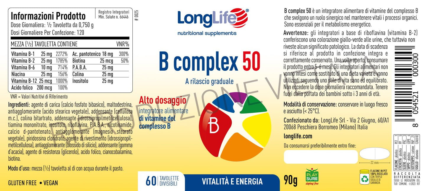 LongLife® B complex 50 | 11 vitamine del gruppo B | Formula completa alto dosaggio | Energia e difese immunitarie | Combatte stanchezza e stress | Senza glutine e vegano