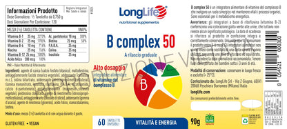 LongLife® B complex 50 | 11 vitamine del gruppo B | Formula completa alto dosaggio | Energia e difese immunitarie | Combatte stanchezza e stress | Senza glutine e vegano