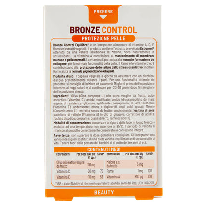 Equilibra Integratori Alimentari, Bronze Control, Integratore Vitamina A, Vitamina C, Vitamina E e Rame, con Estratto di Melone Brevettato, per l'Esposizione Solare, Senza Glutine, 30 Capsule Vegetali