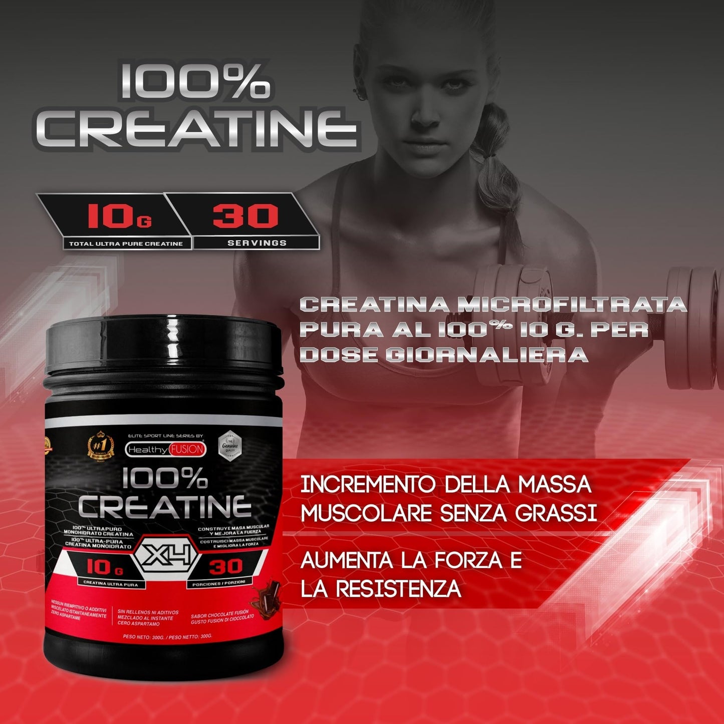 Healthy Fusion Creatina Monoidrata | Creatina Pura microfiltrata | Favorisce la crescita muscolare e migliora la resistenza fisica | Elevata solubilità | Formato in polvere, gusto di Anguria 300gr