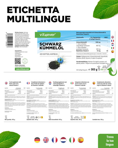 Olio di cumino nero - 420 capsule - 1000 mg per dose giornaliera - Con vitamina E naturale - Egiziano, naturale e spremuto a freddo