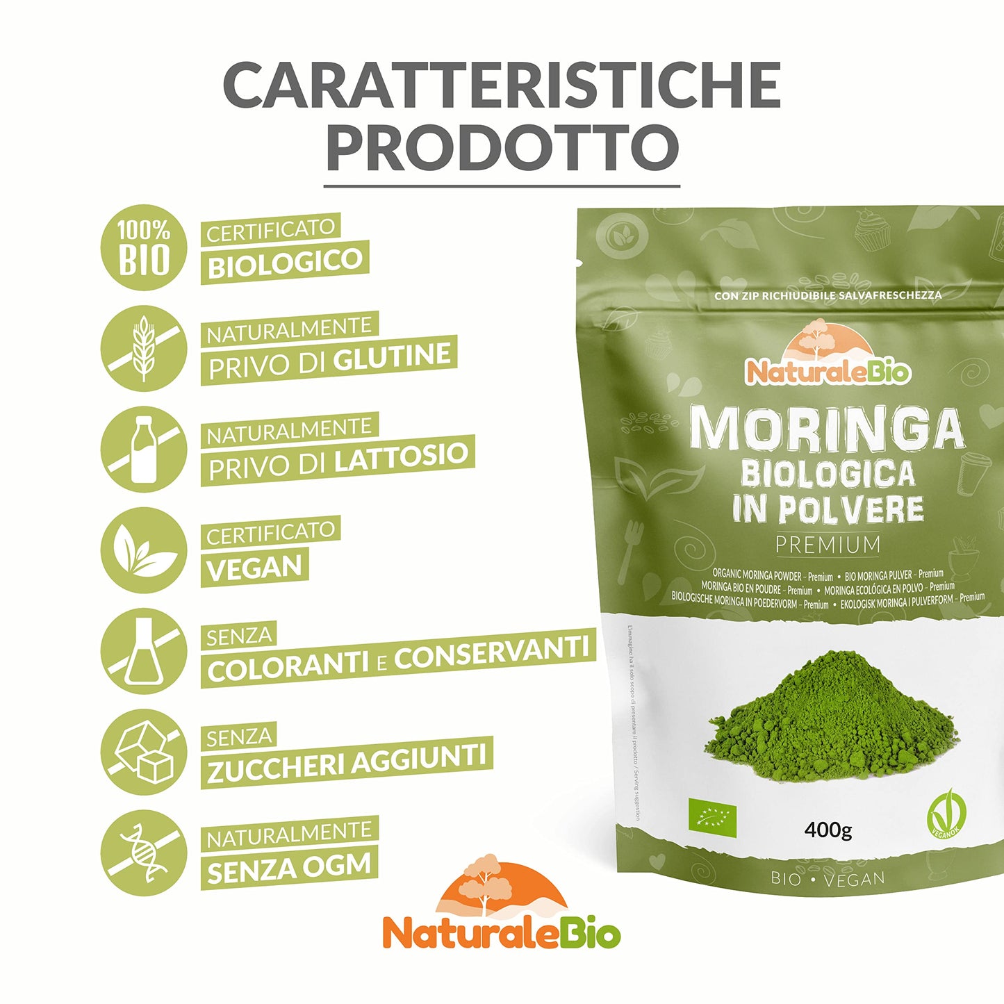 Moringa Oleifera Bio in Polvere - Qualità Premium - 400g. Biologica, Naturale e Pura. Foglie Raccolte dalla Pianta di Moringa Oleifera. NaturaleBio